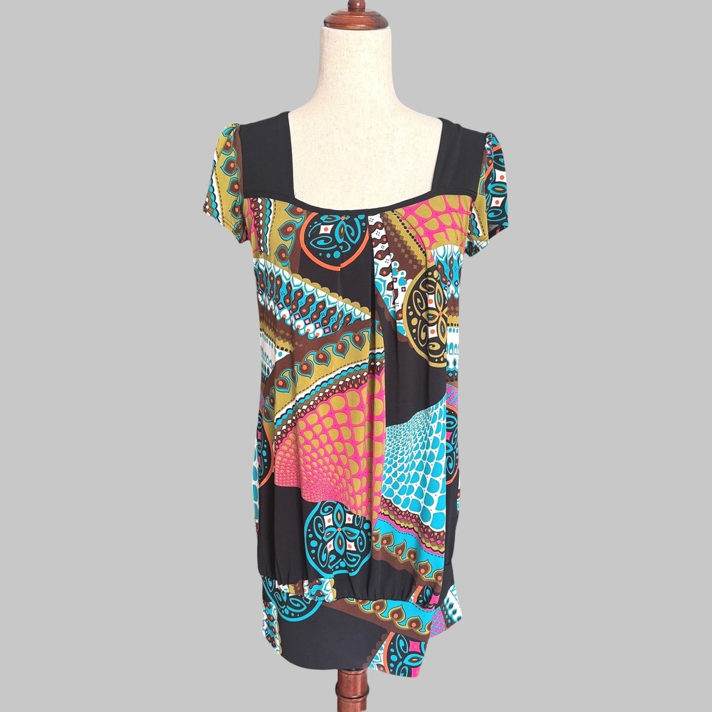 Sushiflower Geometric Patchwork Mini Dress Banded Hem Vintage USA Mod S M Y2K